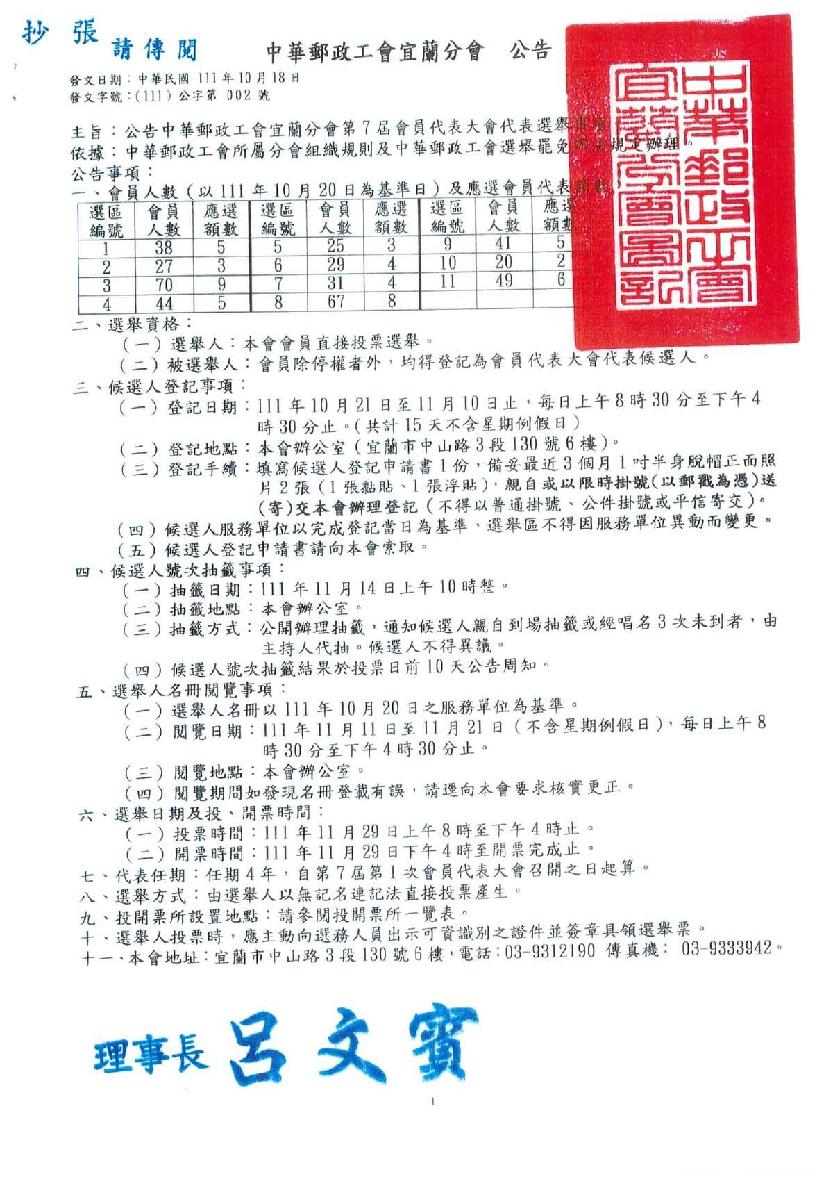 宜蘭分會選舉公告